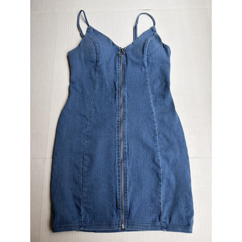 IRIS Dress Blue Denim Zip Bodycon Spaghetti Strap V Neck Mini Y2K Runs Small